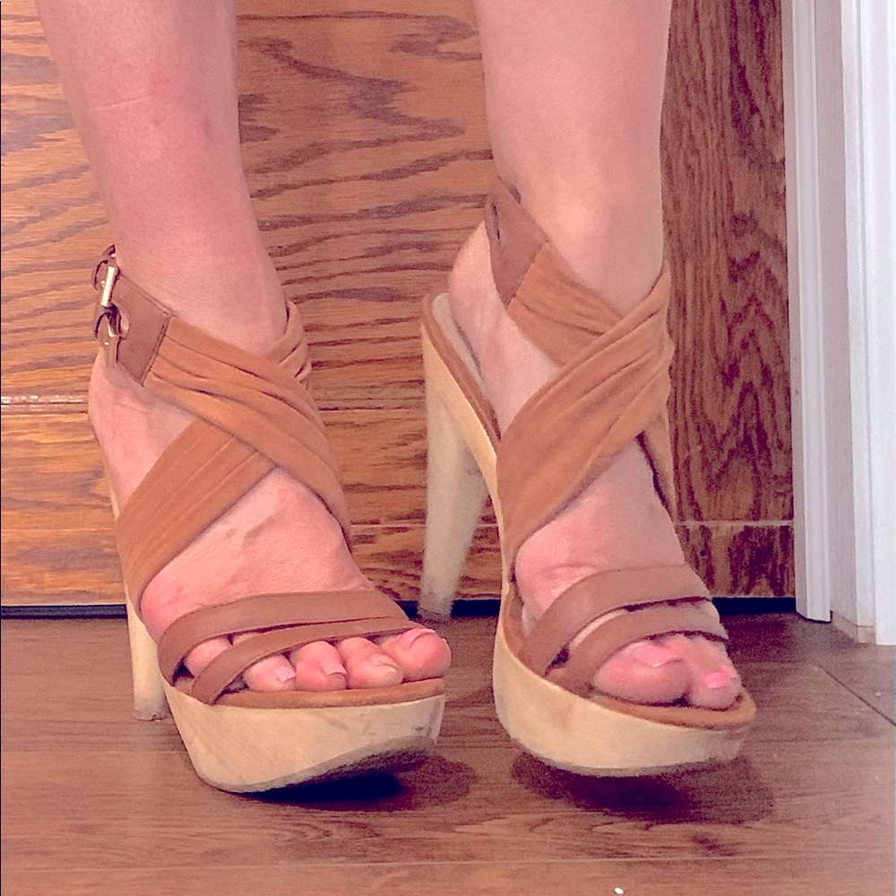 Leather ankle wrap platform heels straps wooden